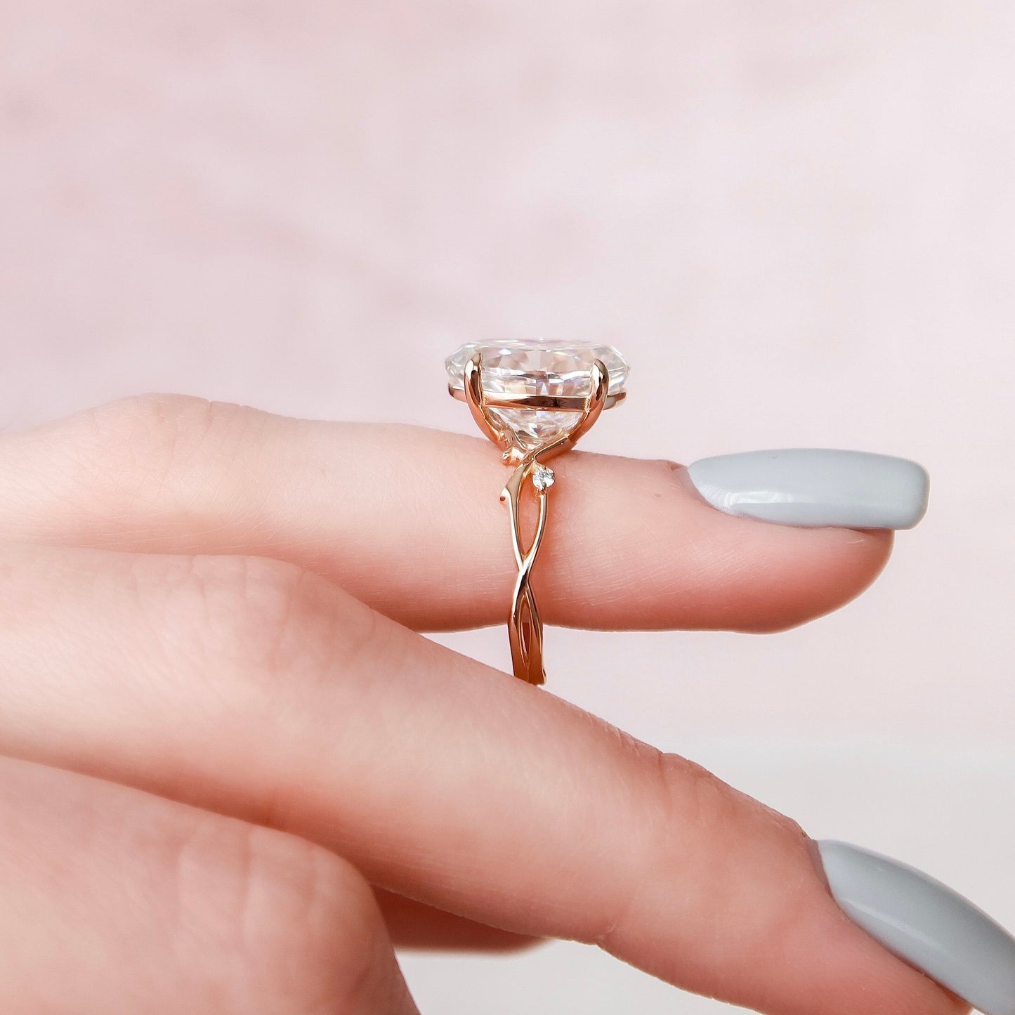 5.0 CT Oval Solitaire & Twig Pave Style Moissanite Engagement Ring 8