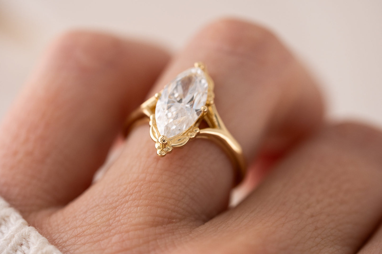 Marquise Shaped Three Stone Lab Grown Diamond Engagement Ring