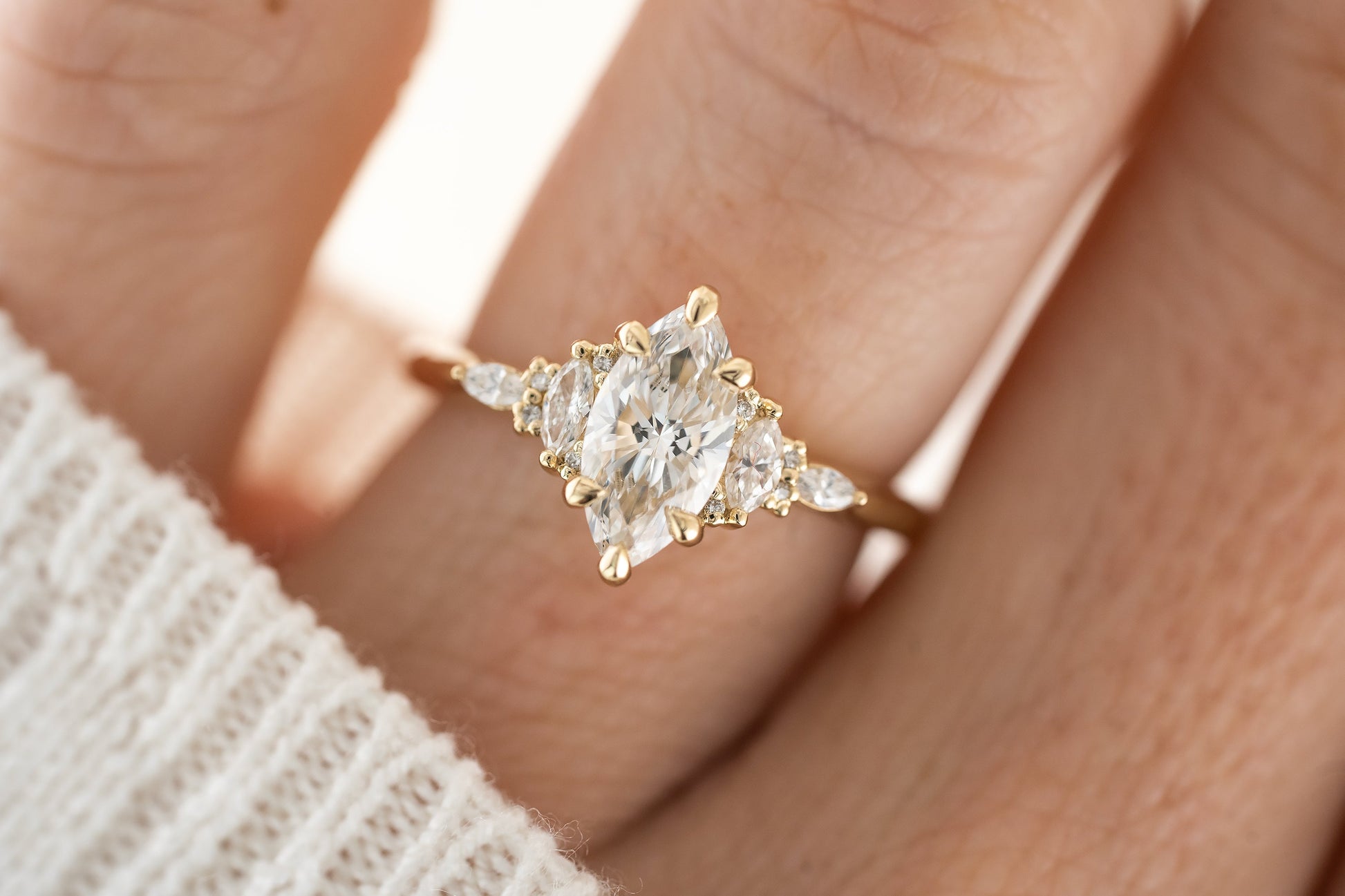 Marquise Shaped Three Stone Lab Grown Diamond Engagement Ring