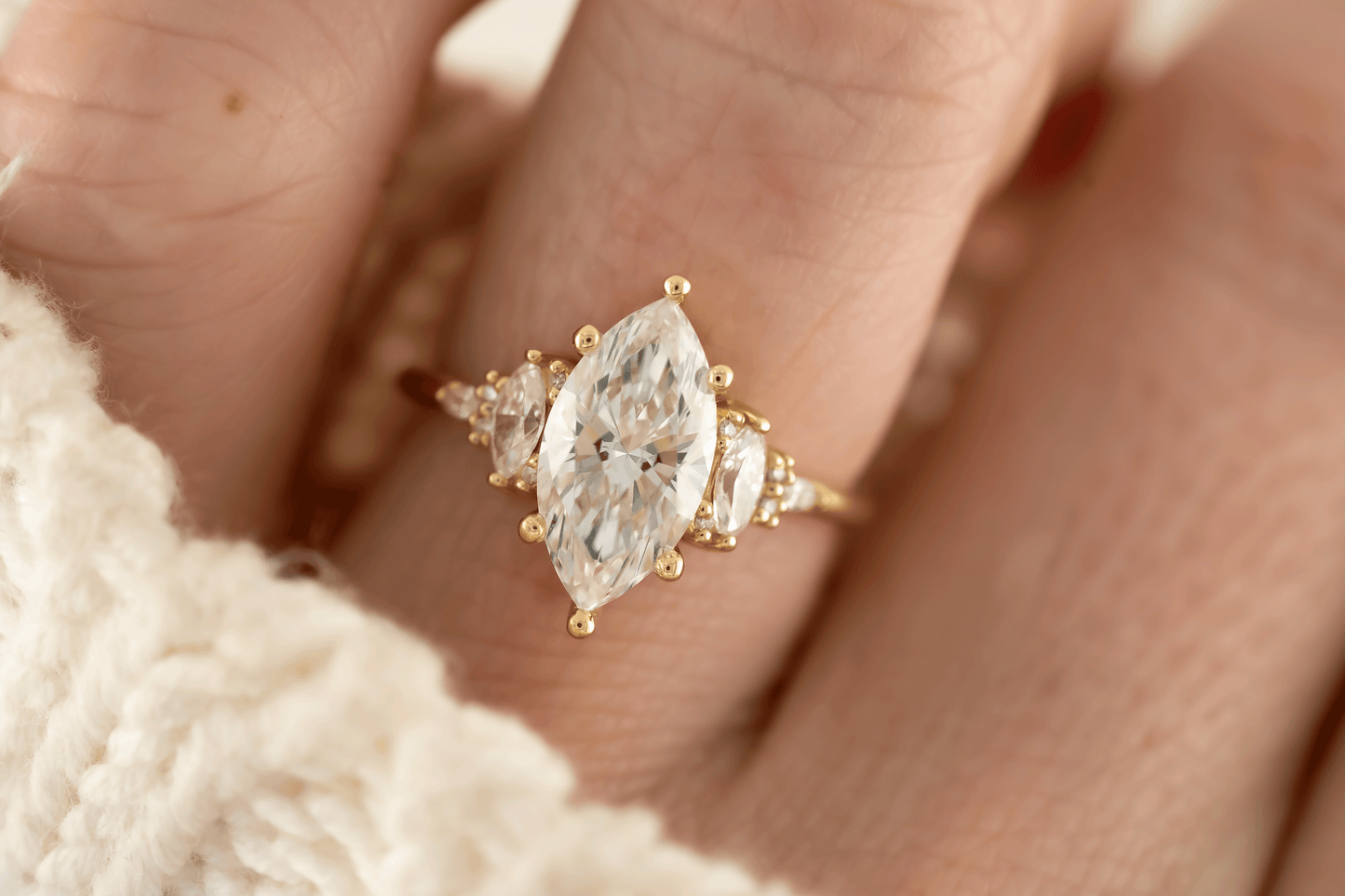 Marquise Shaped Three Stone Lab Grown Diamond Engagement Ring