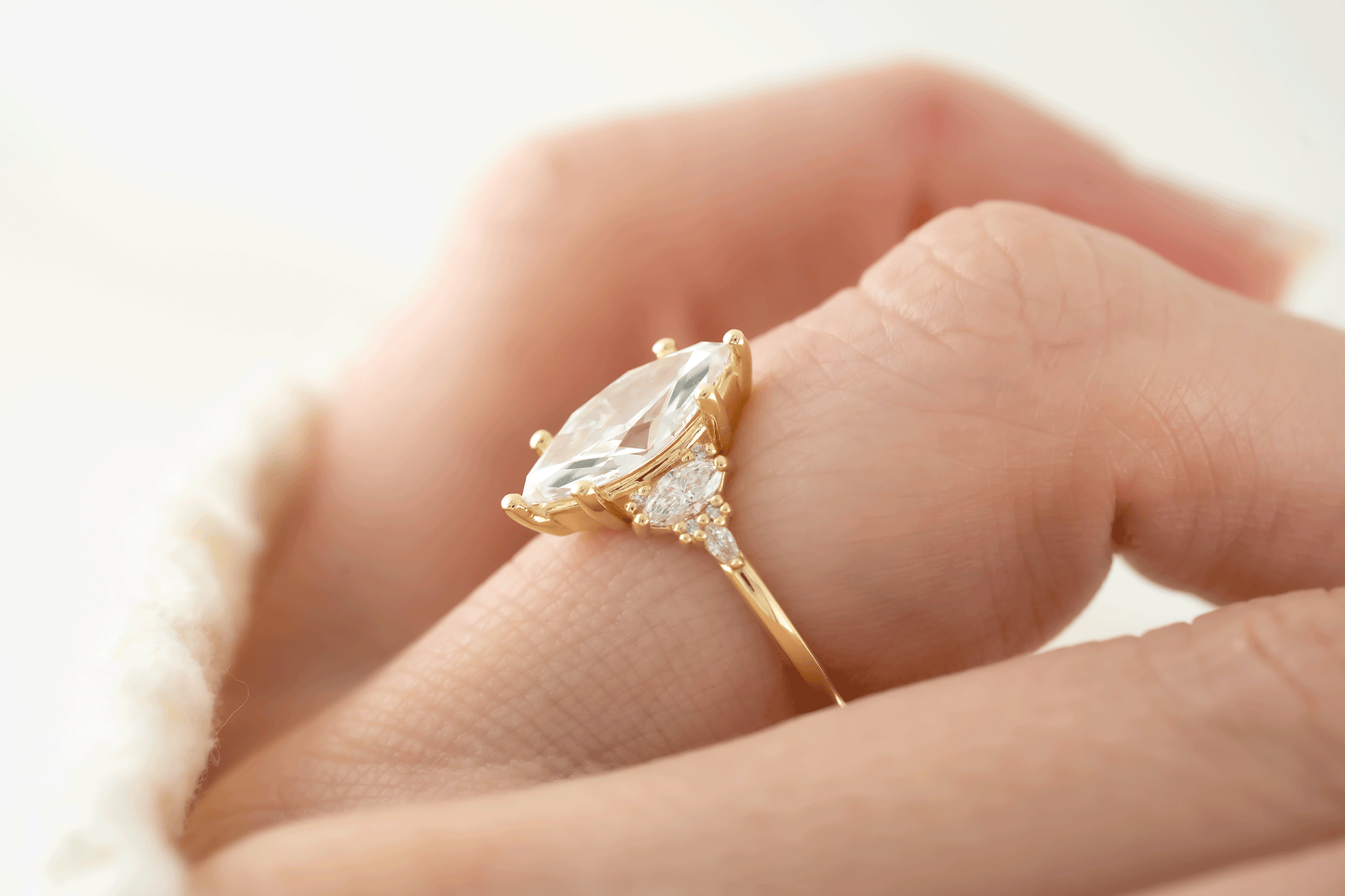 Marquise Shaped Three Stone Lab Grown Diamond Engagement Ring