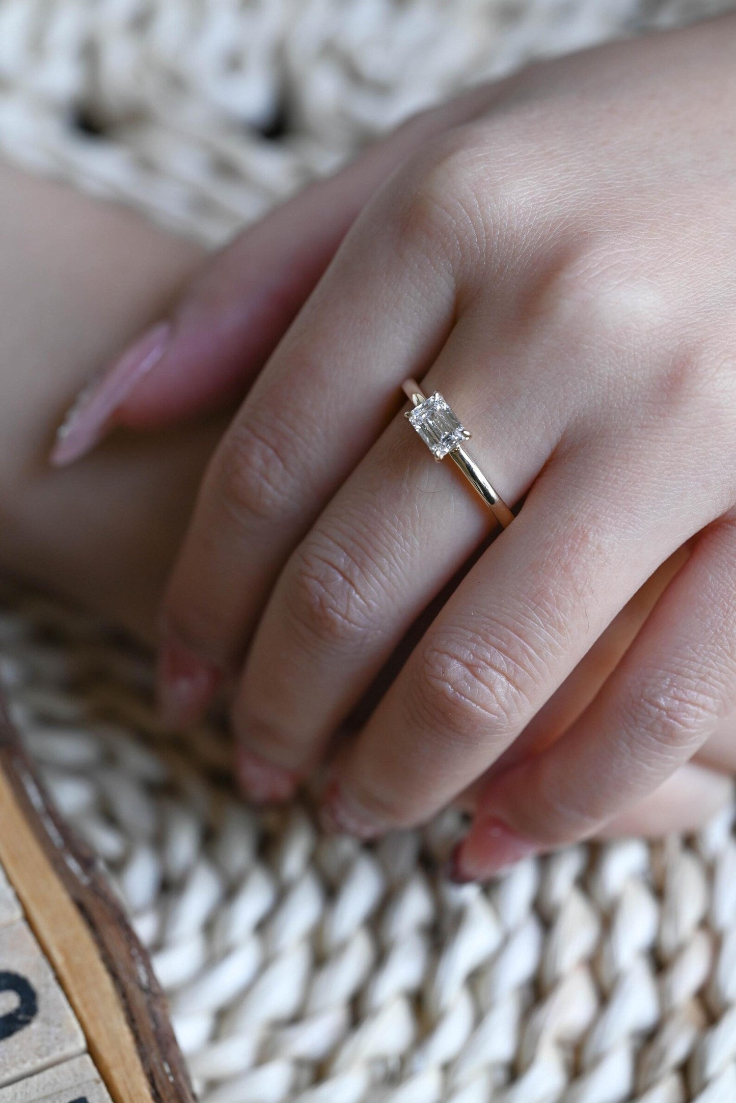1 CT Emerald Cut East West Solitaire Styled Lab Grown Diamond Engagement Ring