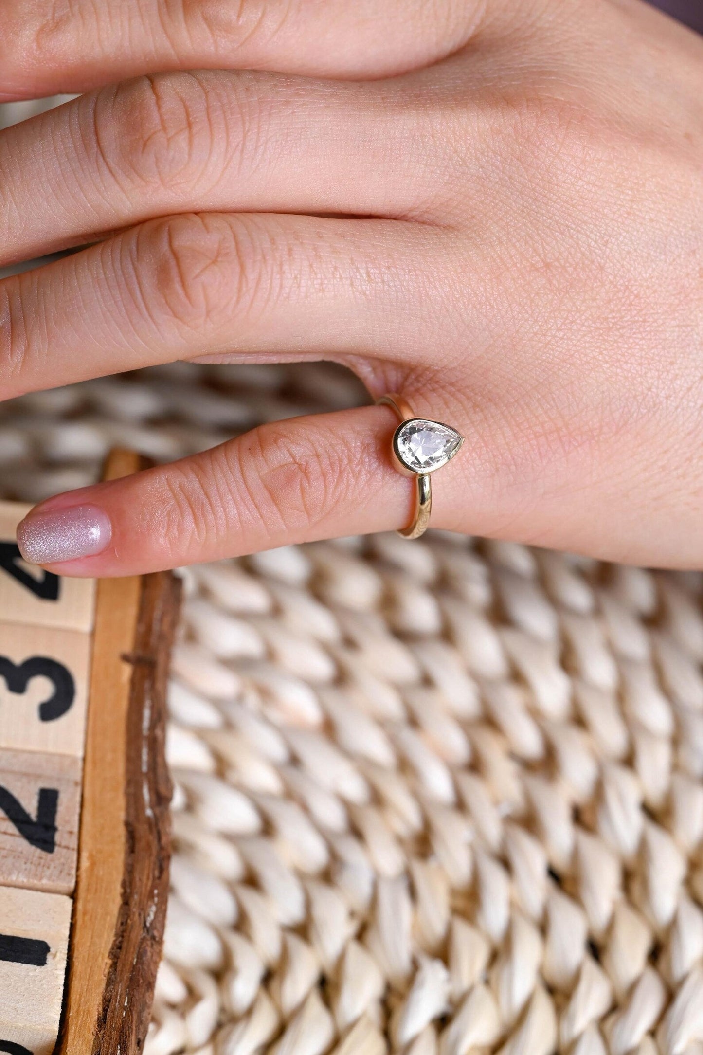 1.25 CT Pear Cut Bezel Solitaire Styled Lab Grown Diamond Engagement Ring