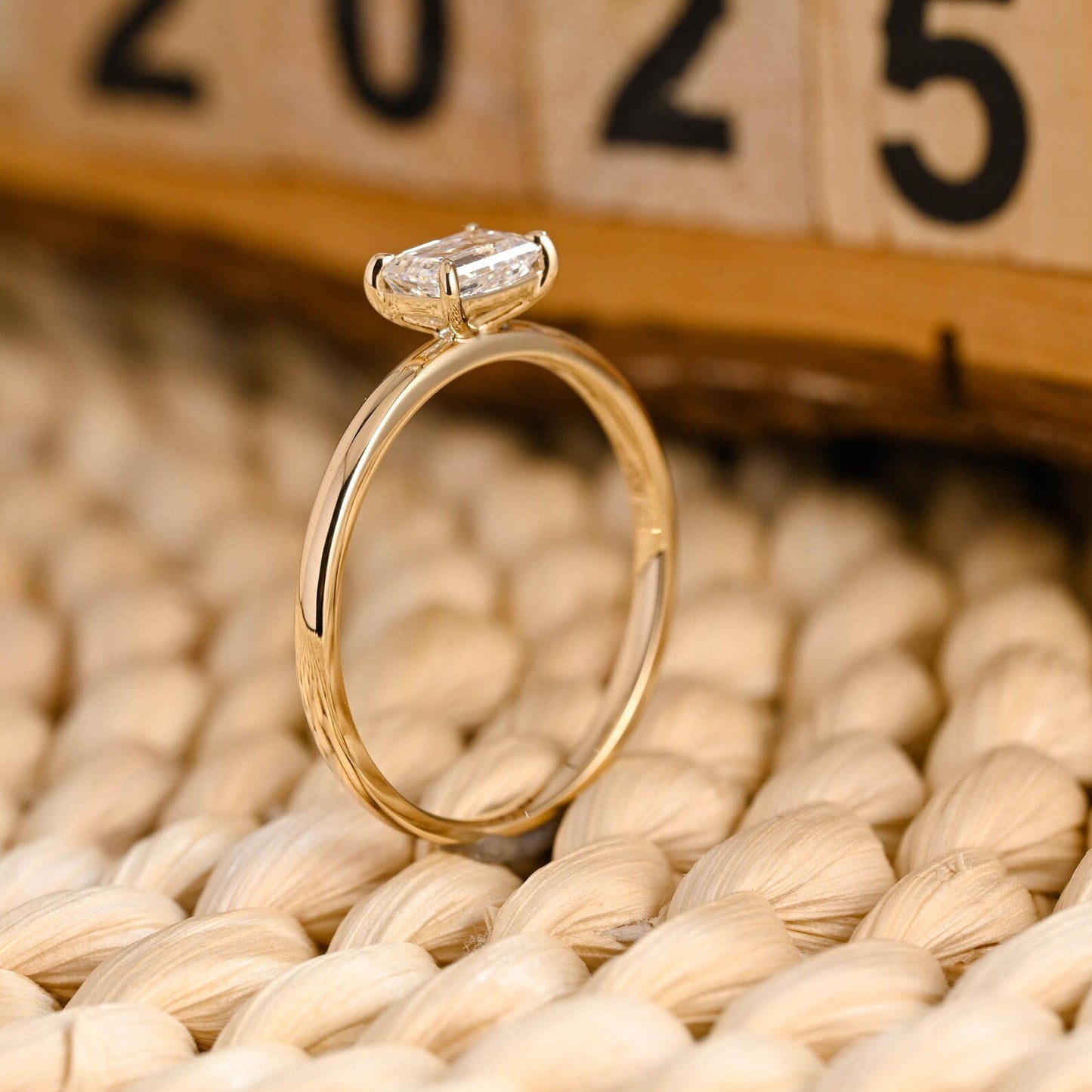 1 CT Emerald Cut East West Solitaire Styled Lab Grown Diamond Engagement Ring