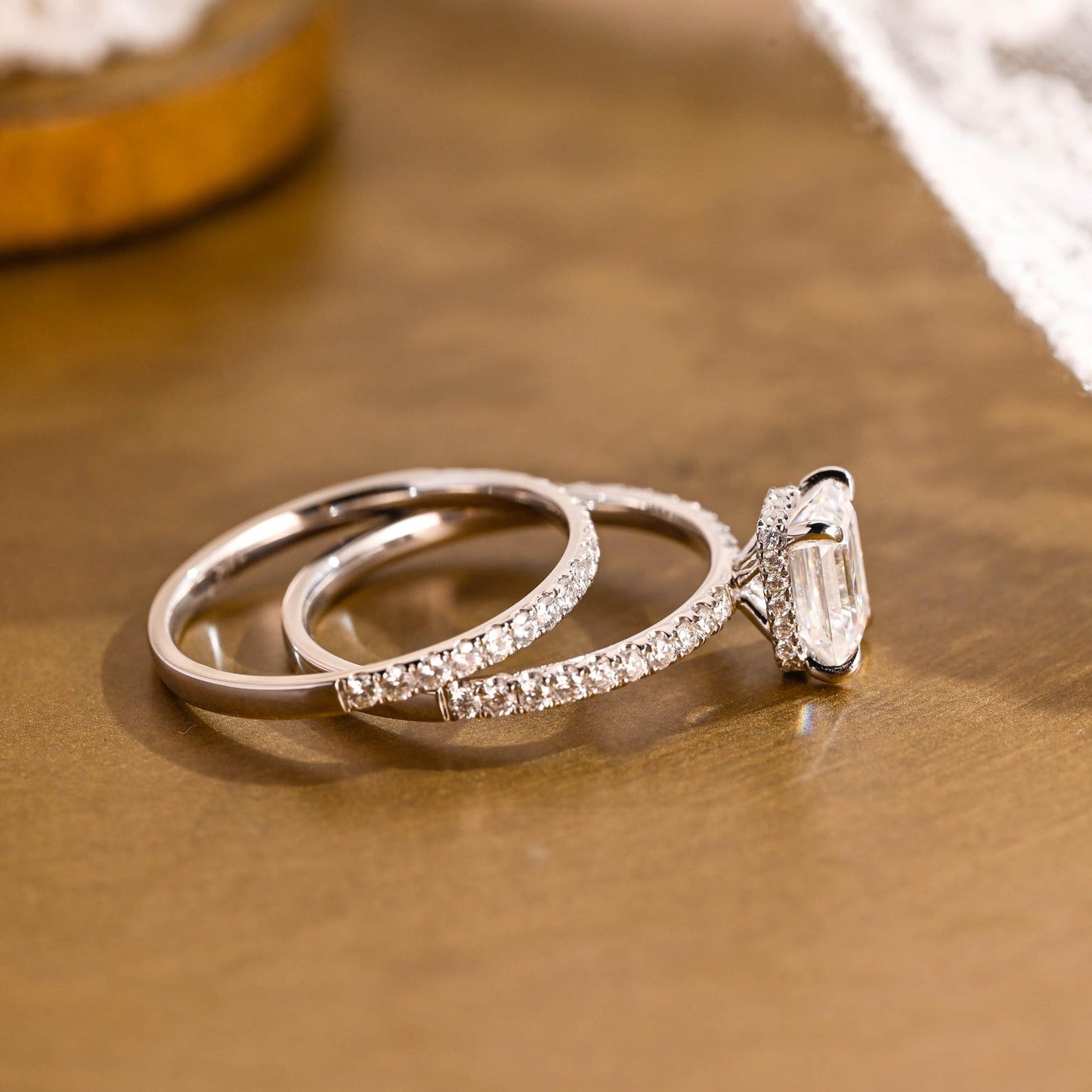2 CT Emerald Cut Hidden Halo & Pave Styled Lab Grown Diamond Bridal Ring Set