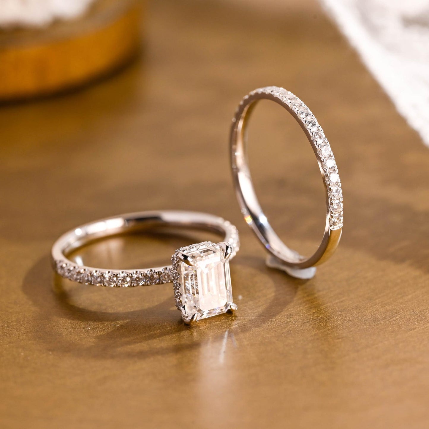 2 CT Emerald Cut Hidden Halo & Pave Styled Lab Grown Diamond Bridal Ring Set