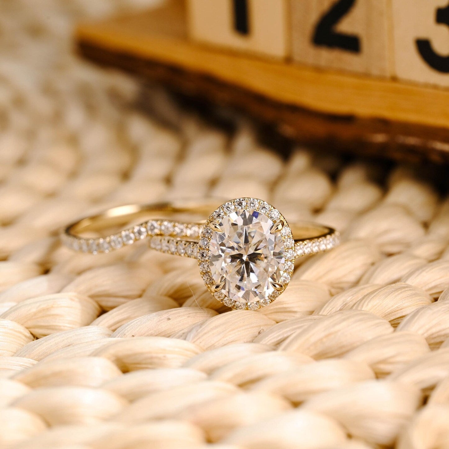 2.5 CT Oval Cut Halo & Pave Styled Lab Grown Diamond Bridal Ring Set