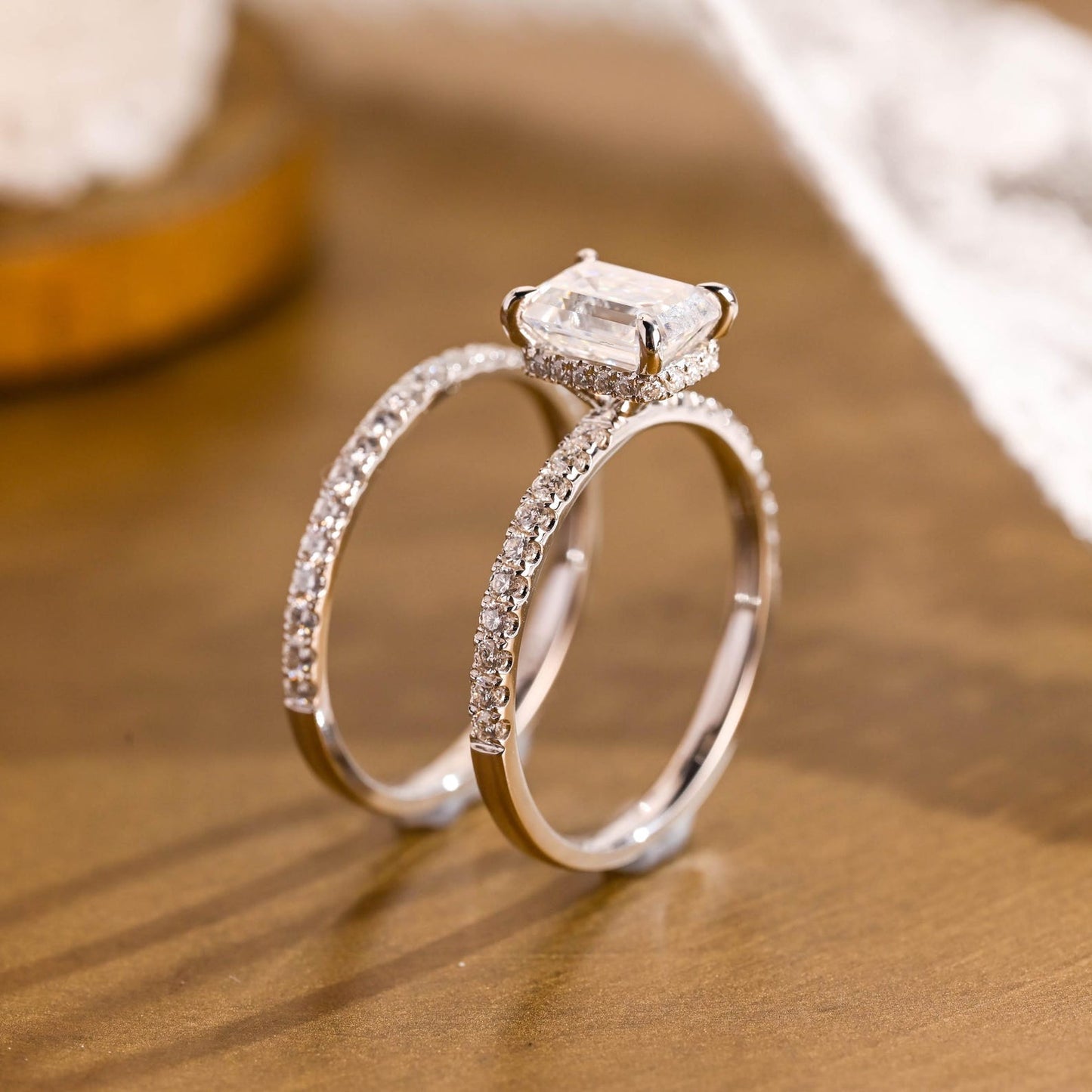 2 CT Emerald Cut Hidden Halo & Pave Styled Lab Grown Diamond Bridal Ring Set