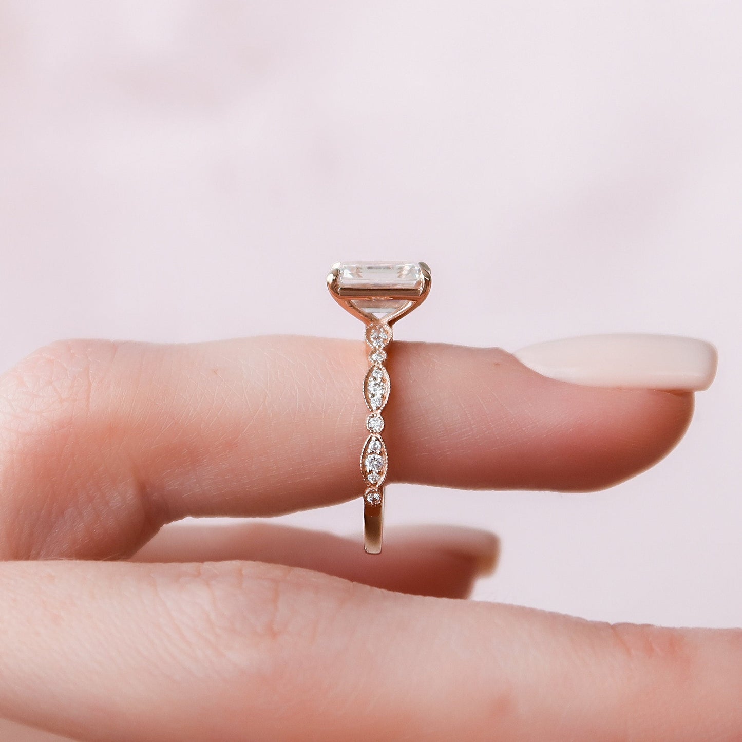 2.0 CT Emerald Milgrain Pave Vintage Style Moissanite Engagement Ring 9