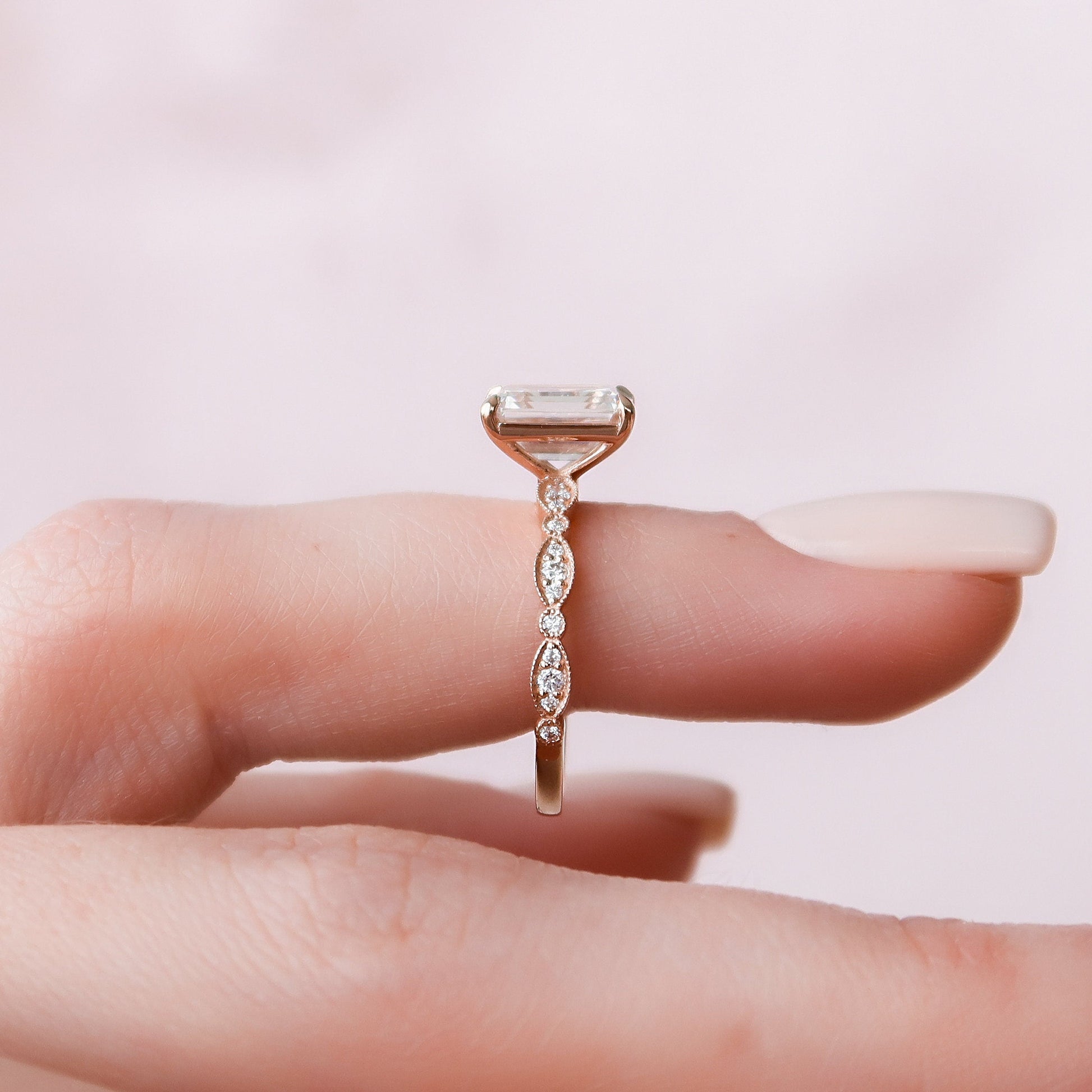 2.0 CT Emerald Milgrain Pave Vintage Style Moissanite Engagement Ring 9