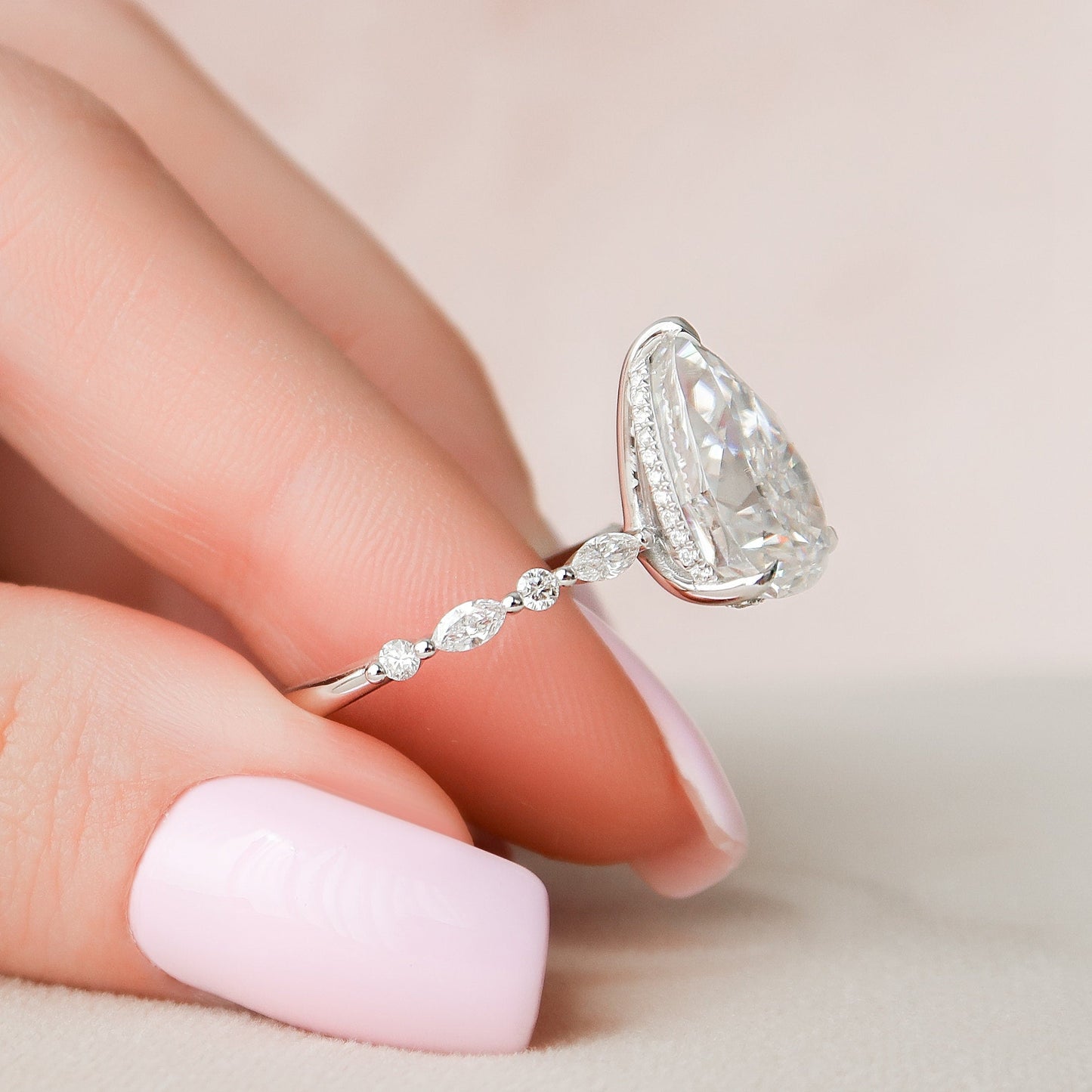 4.0 CT Pear Cut Hidden Halo Setting Moissanite Engagement Ring 4