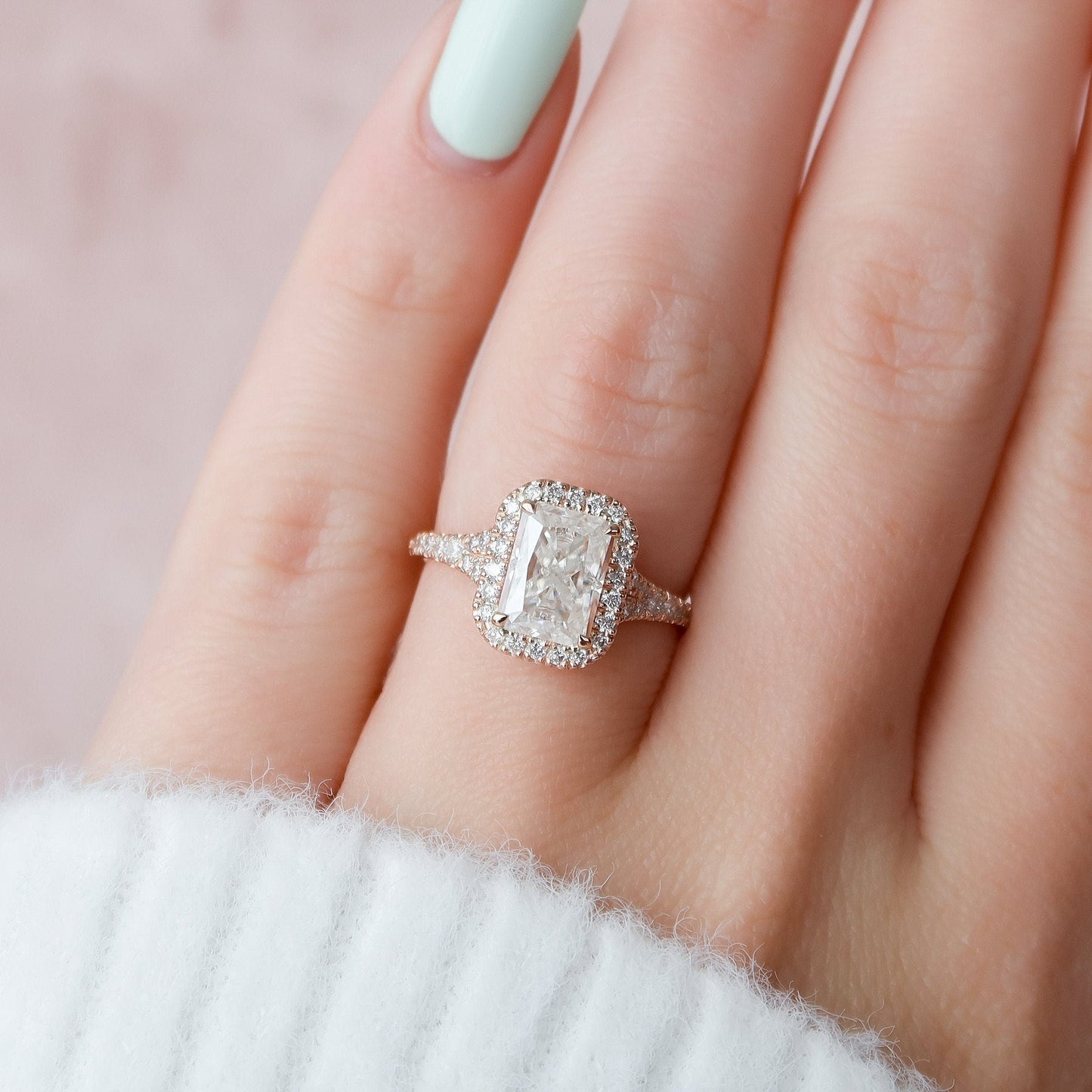 3.50 CT Radiant Halo & Pave Split Shank Moissanite Engagement Ring 9