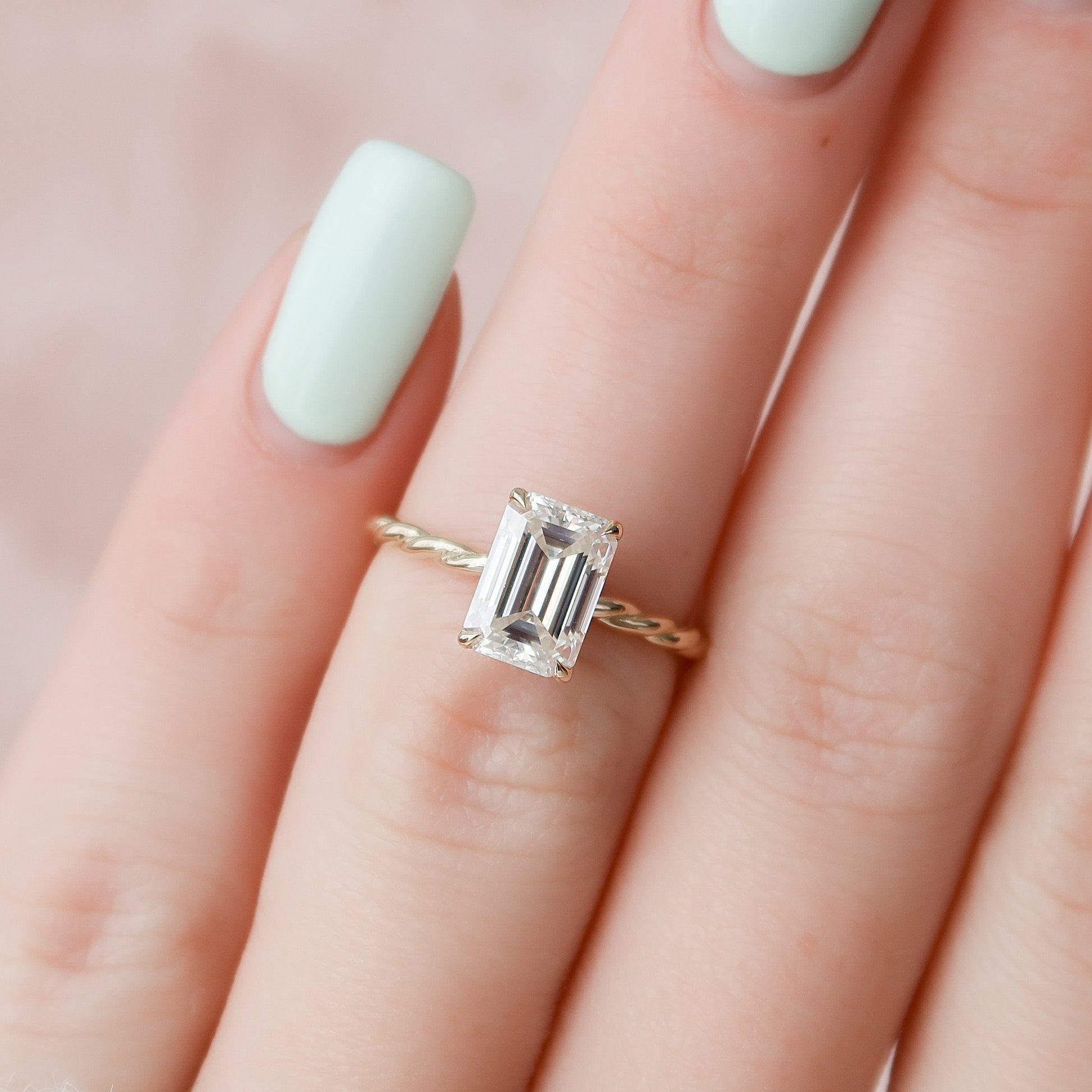 2.0 CT Emerald Twisted Shank Hidden Halo Moissanite Engagement Ring 4