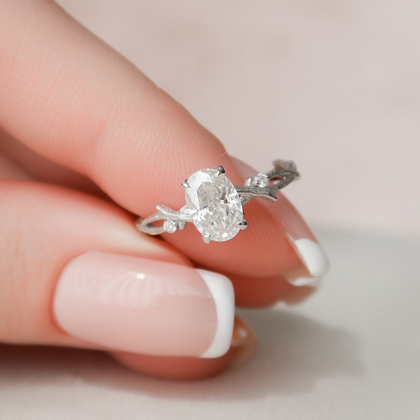 1.0 CT Oval Cut Twig Pave Moissanite Engagement Ring 7
