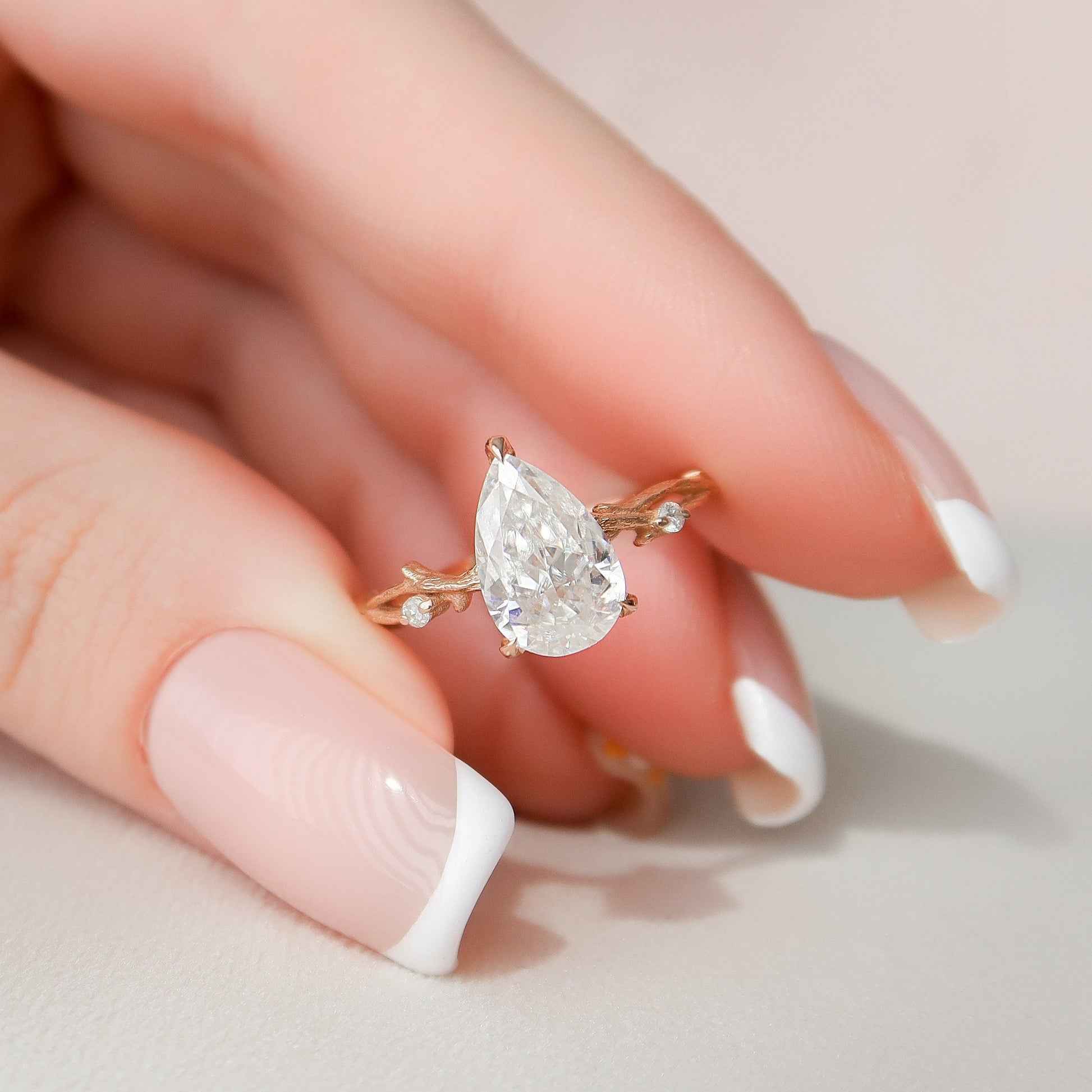 1.5 CT Pear Cut Twig Pave Moissanite Engagement Ring 9