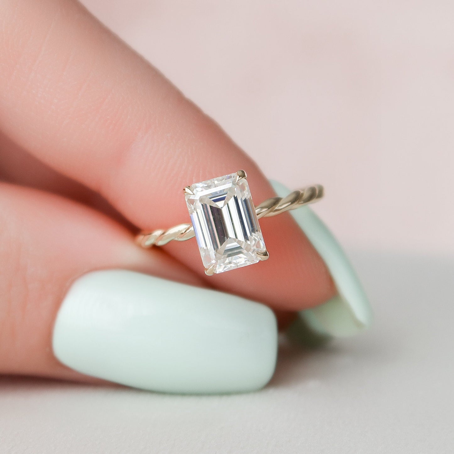 2.0 CT Emerald Twisted Shank Hidden Halo Moissanite Engagement Ring 6