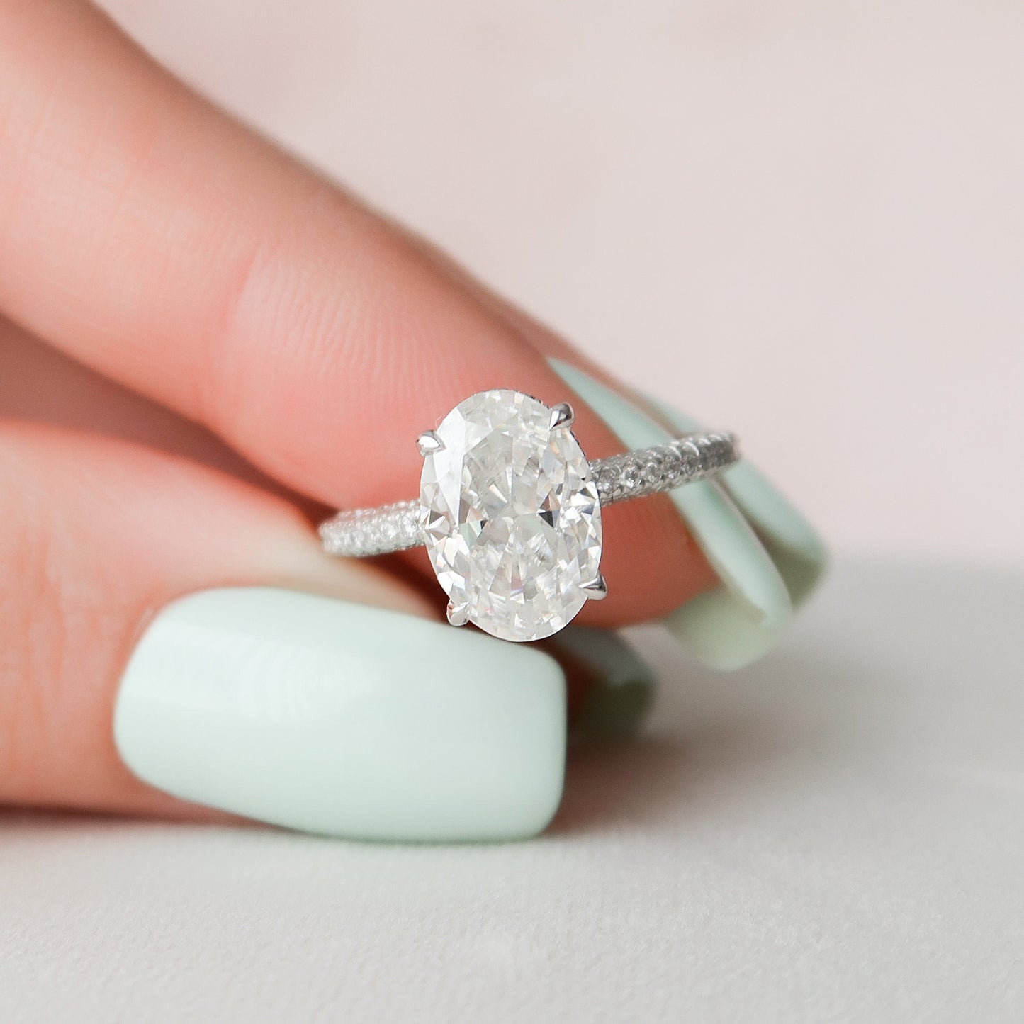 3.0 CT Oval Hidden Halo Pave Setting Moissanite Engagement Ring 5