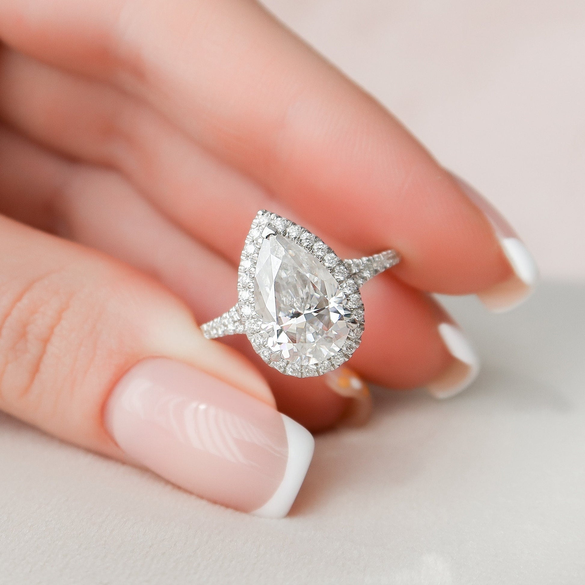 3.0 CT Pear Halo & Pave Split Shank Moissanite Engagement Ring 2