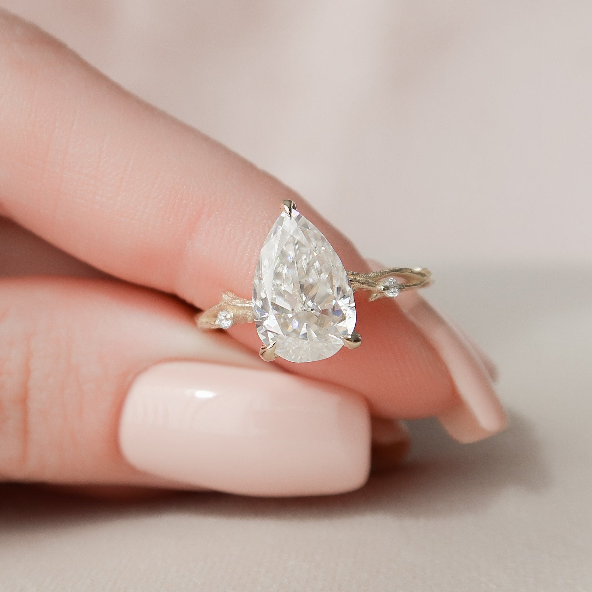 2.5 CT Pear Cut Twig Pave Moissanite Engagement Ring 4