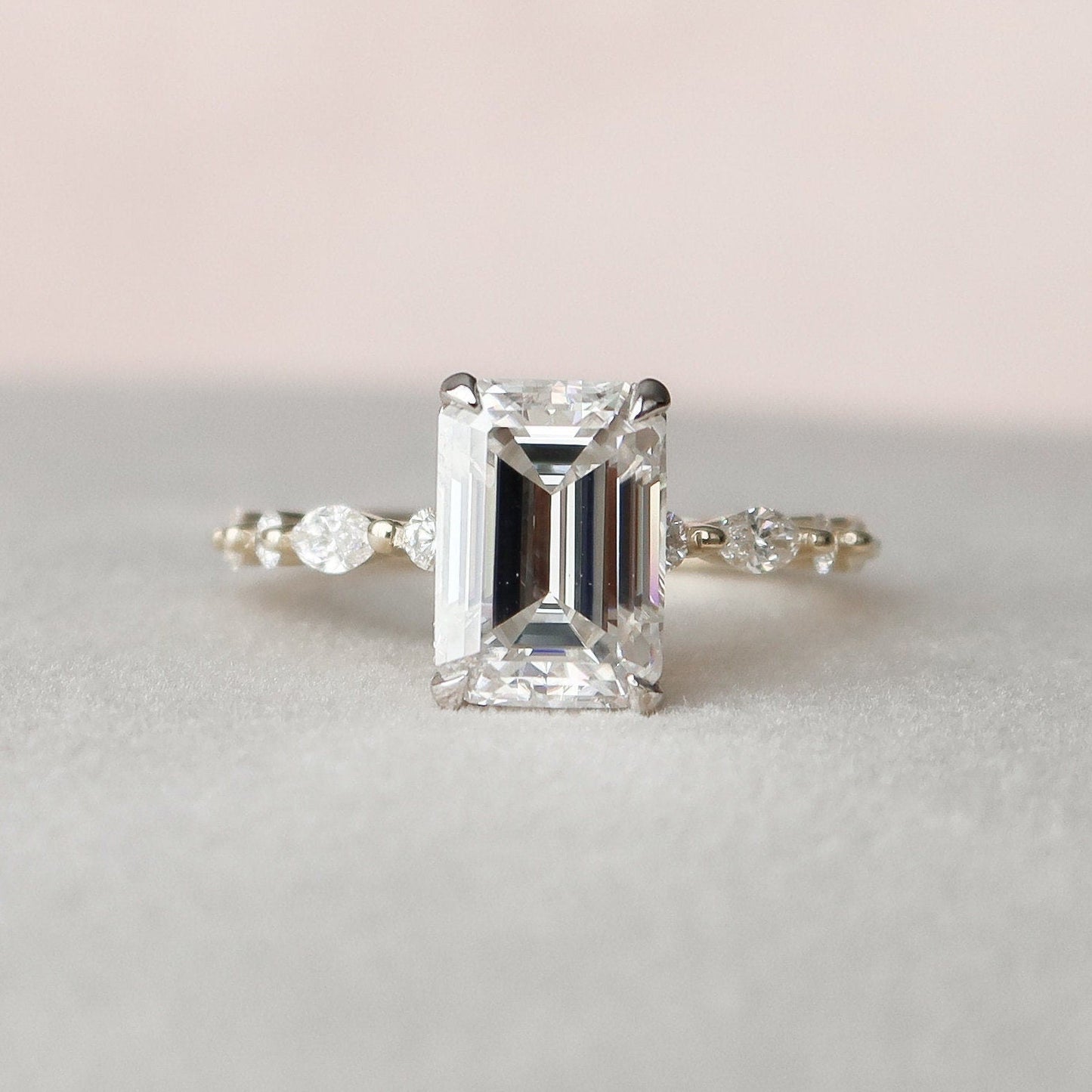 3.0 CT Emerald Cut Hidden Halo Pave Setting Moissanite Engagement Ring 1
