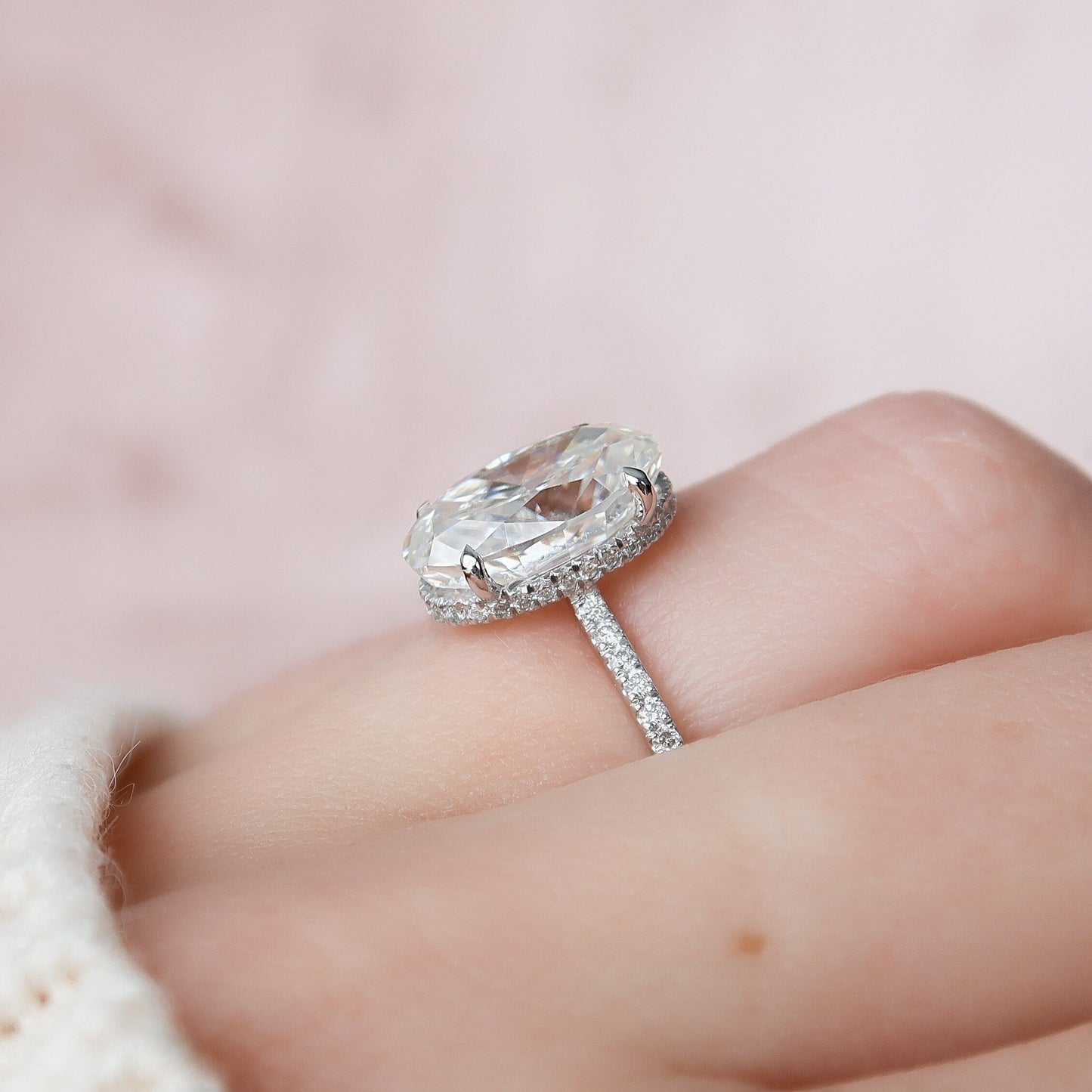 3.5 CT Oval Cut Hidden Halo Pave Setting Moissanite Engagement Ring 5