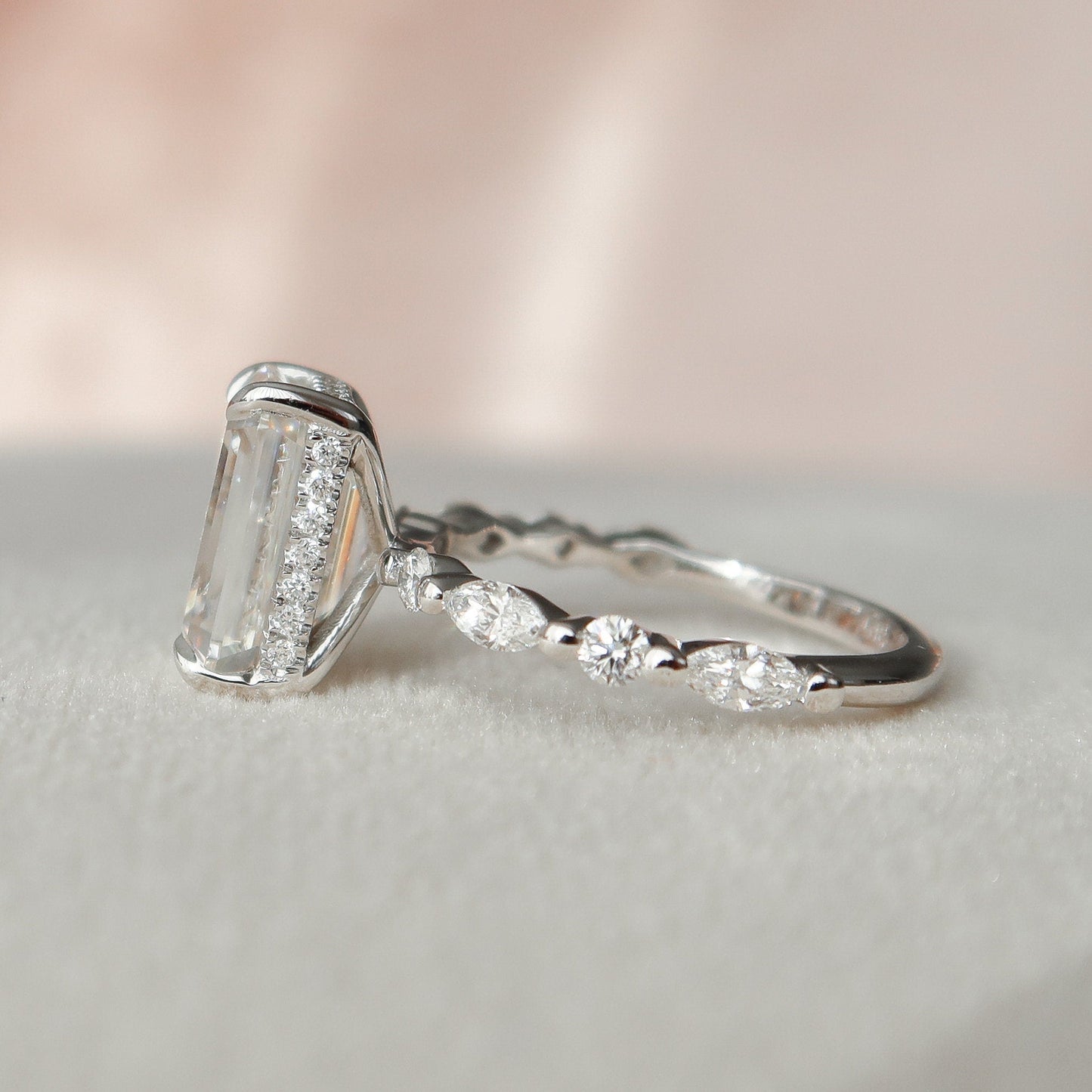3.0 CT Emerald Cut Hidden Halo Pave Setting Moissanite Engagement Ring 8