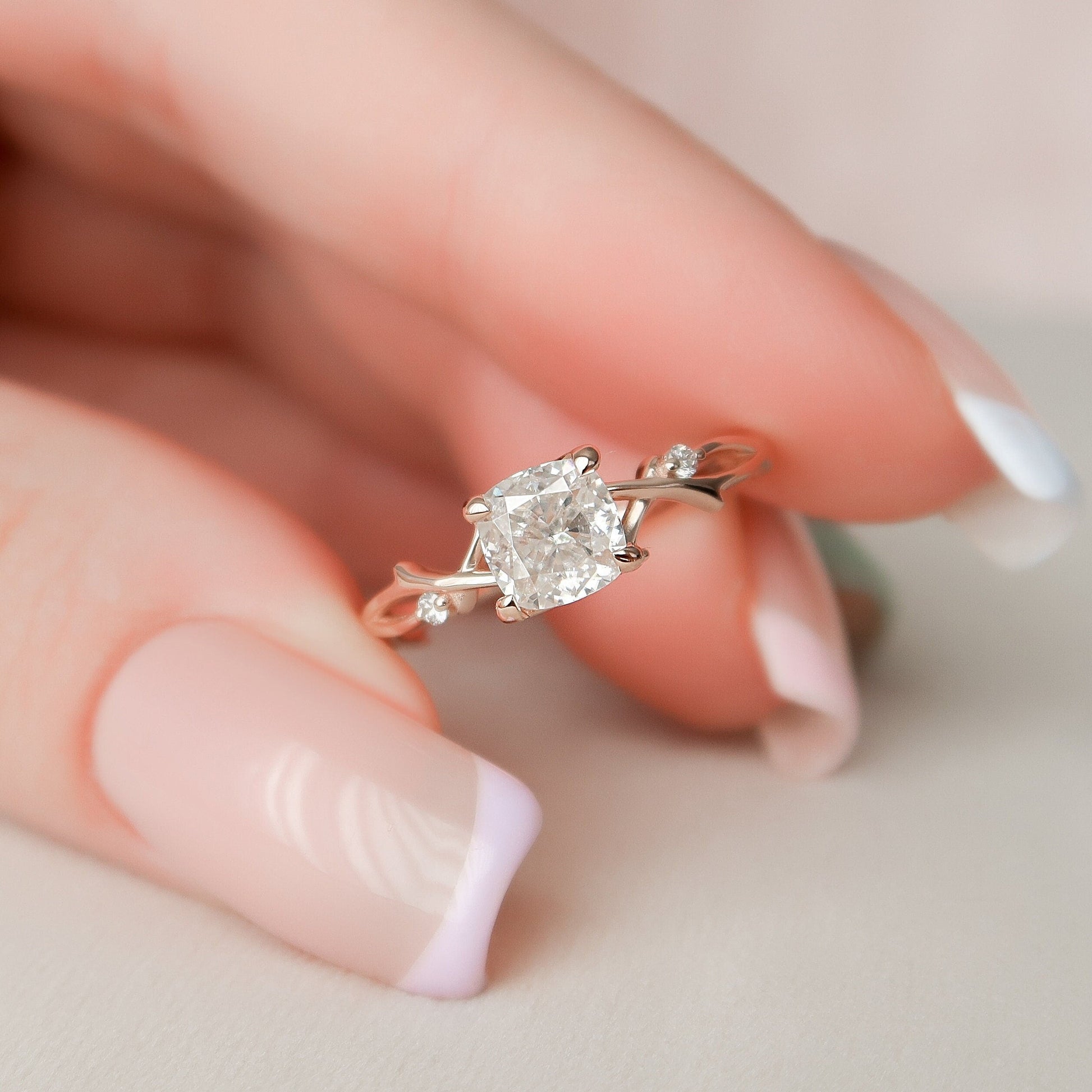 1.0 CT Cushion Twig Pave Setting Moissanite Engagement Ring 10