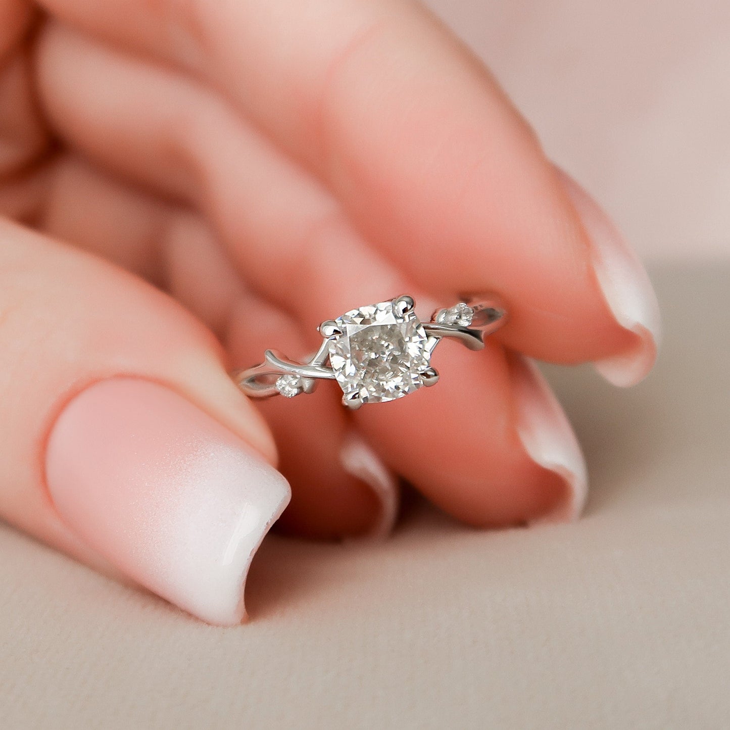 1.0 CT Cushion Twig Pave Setting Moissanite Engagement Ring 4