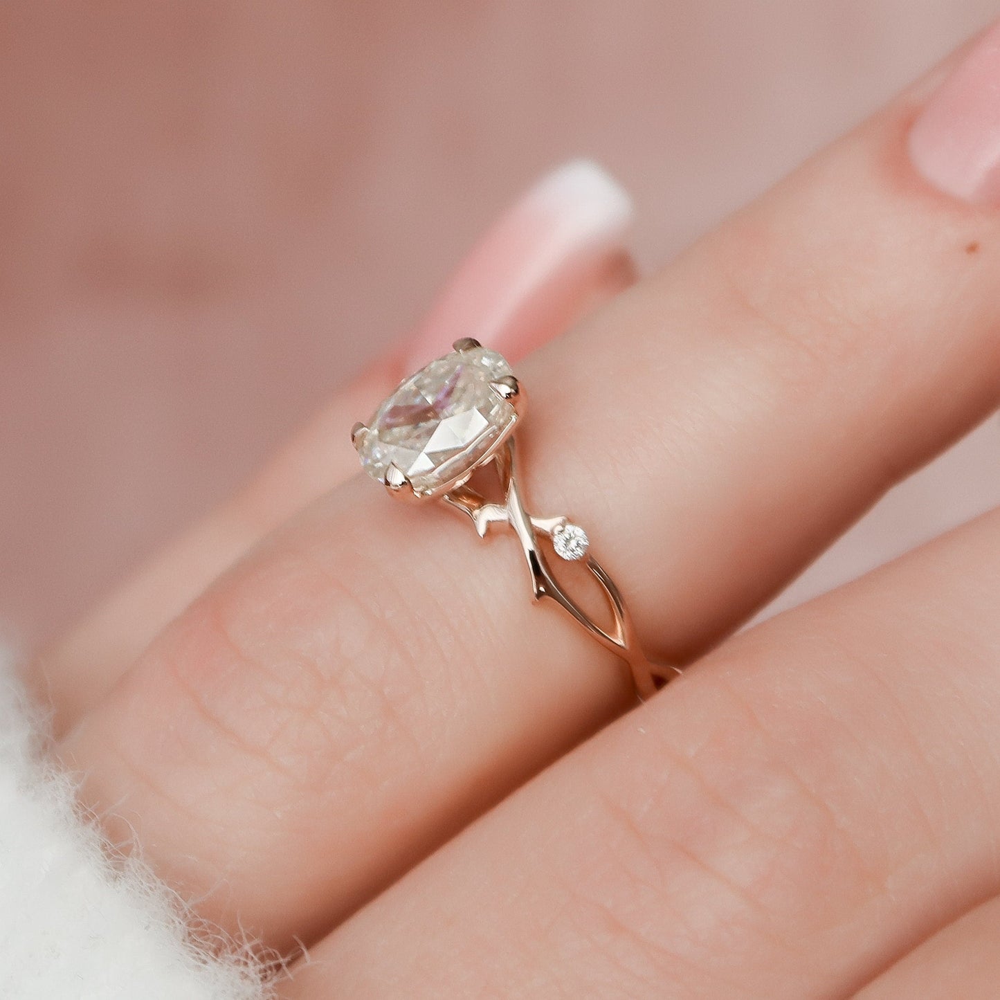 1.0 CT Oval Cut Twig Pave Moissanite Engagement Ring 9