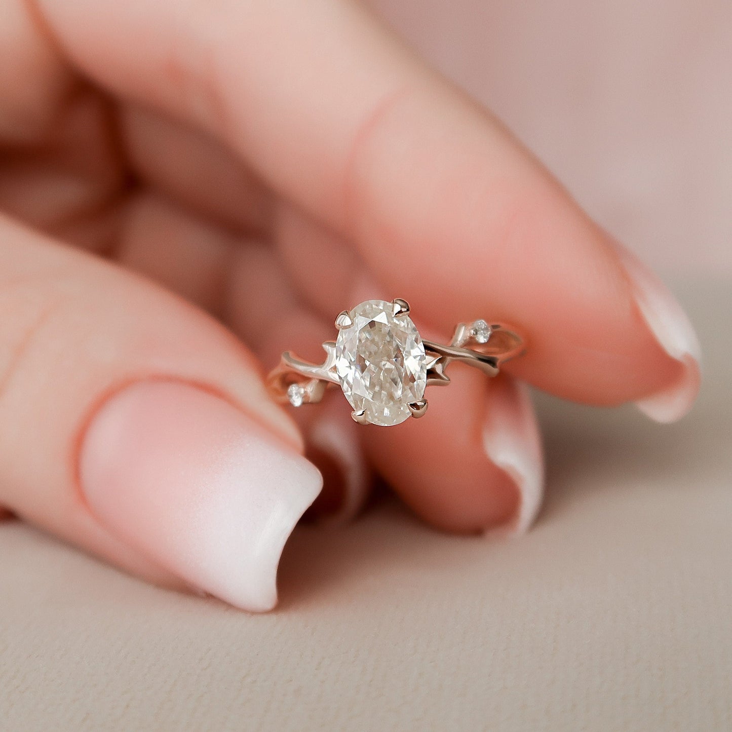 1.0 CT Oval Cut Twig Pave Moissanite Engagement Ring 8