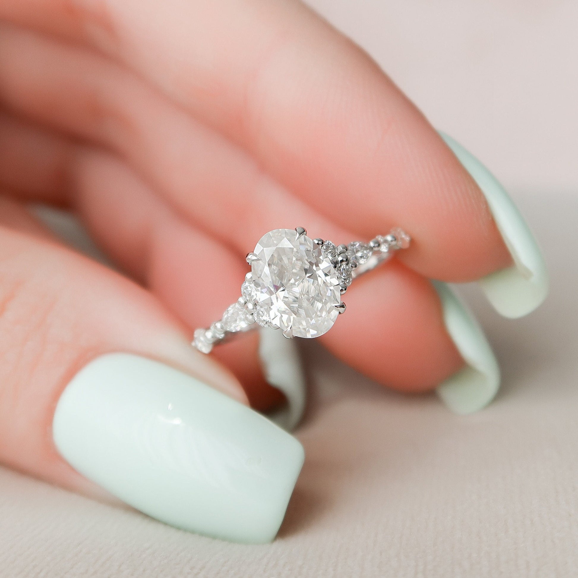 1.5 CT Oval Cut Cluster Pave Moissanite Engagement Ring 2
