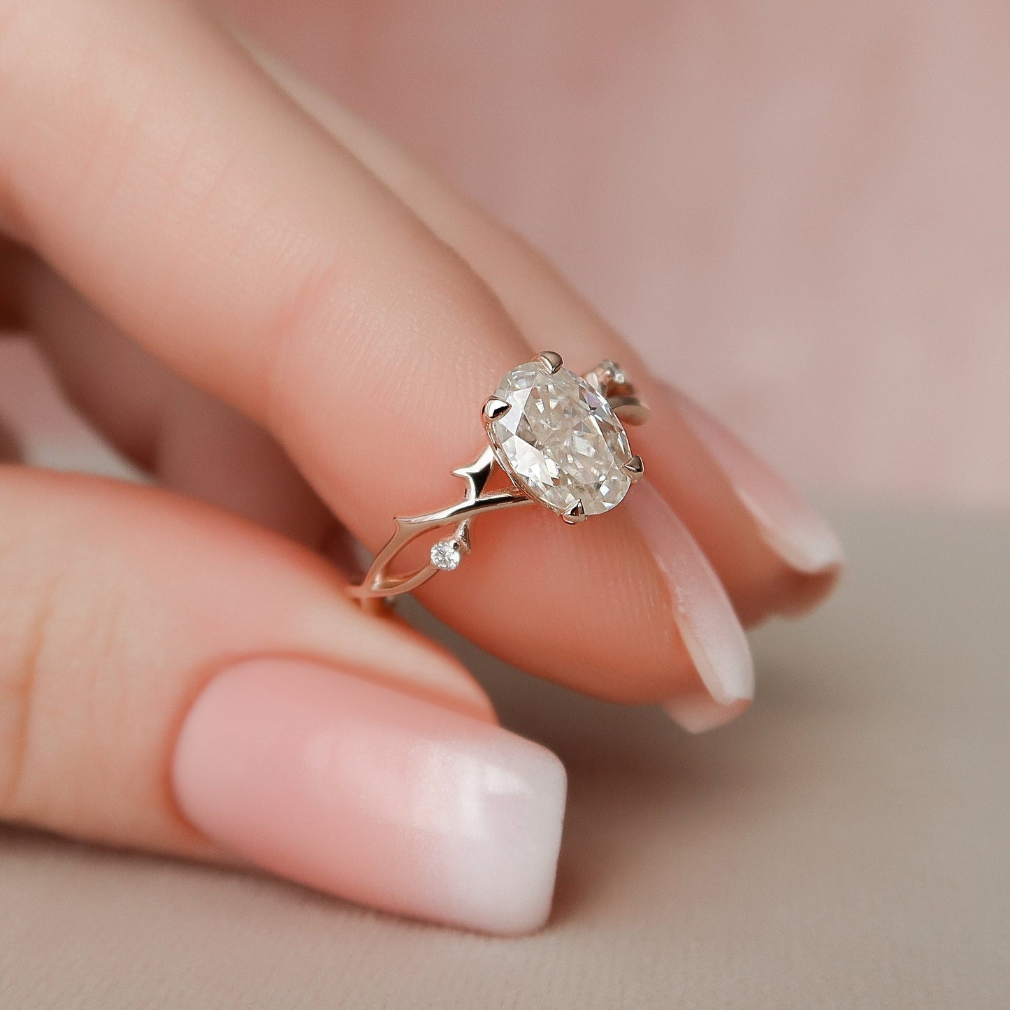 1.0 CT Oval Cut Twig Pave Moissanite Engagement Ring 2