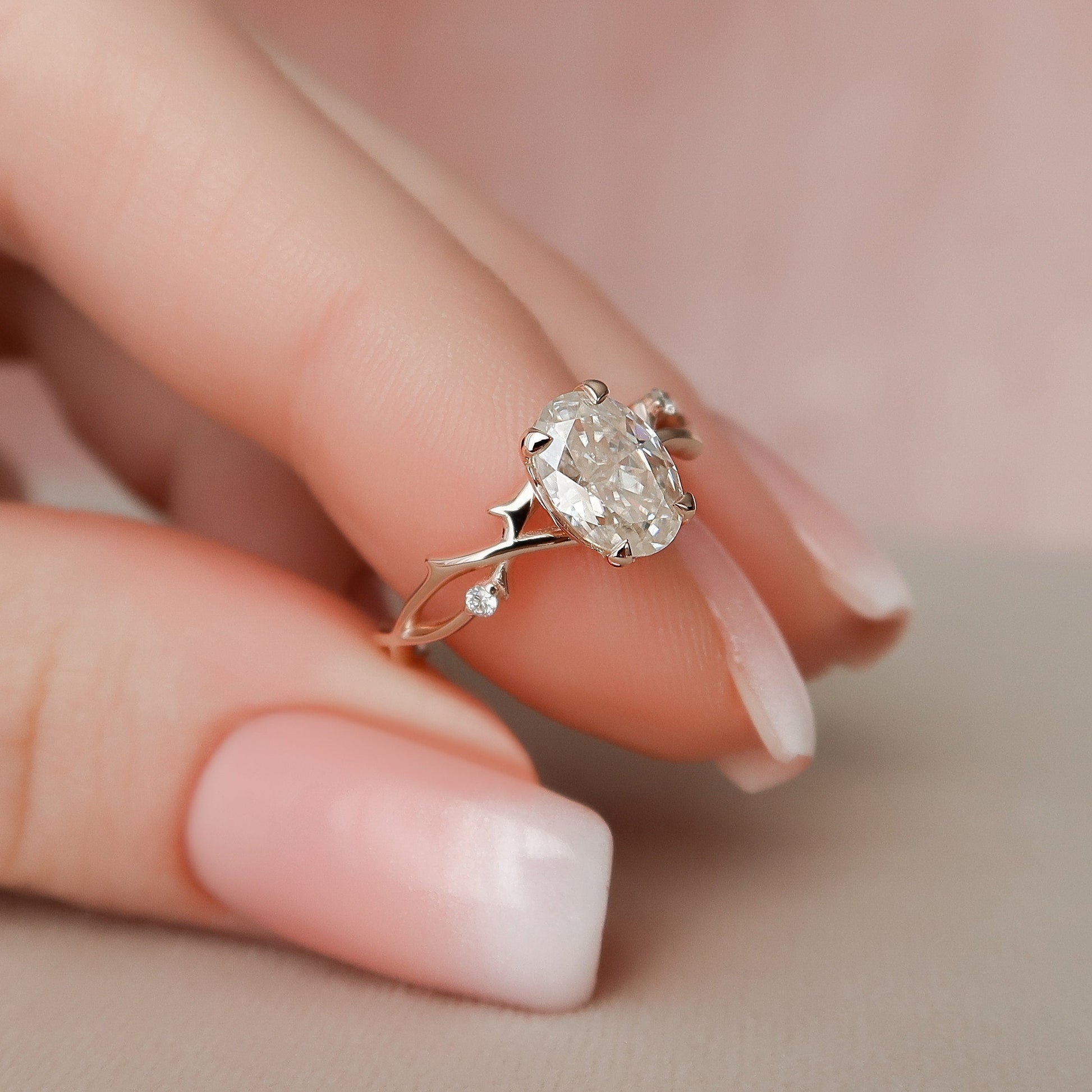 1.0 CT Oval Cut Twig Pave Moissanite Engagement Ring 2
