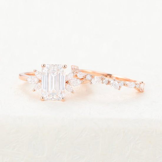 1.89 CT Emerald Moissanite Cluster Bridal Ring Set 4