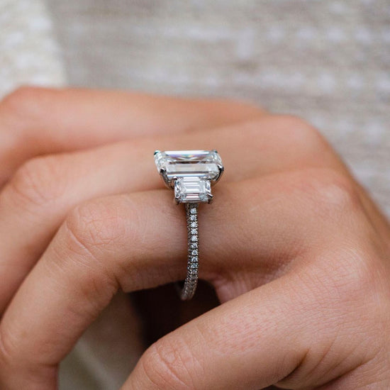 3.80 CT Emerald Three Stone Moissanite Engagement Ring 4