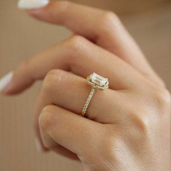 1.55 CT Emerald Halo Pave Moissanite Engagement Ring 4