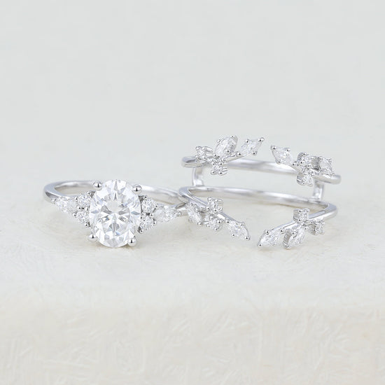 1.33 CT Oval Moissanite Vintage Cluster Bridal Ring Set 6