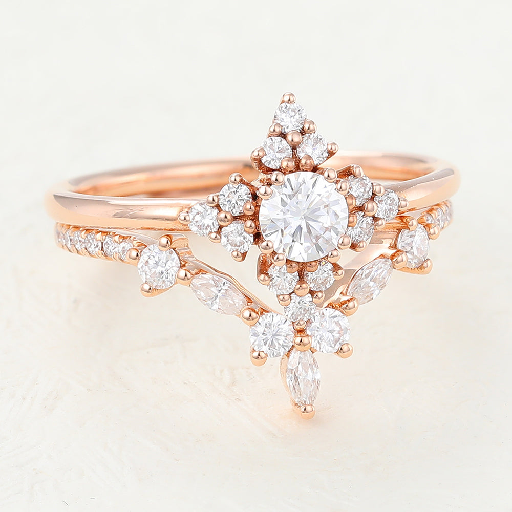 0.22 CT Round Moissanite Cluster Bridal Ring Set 4