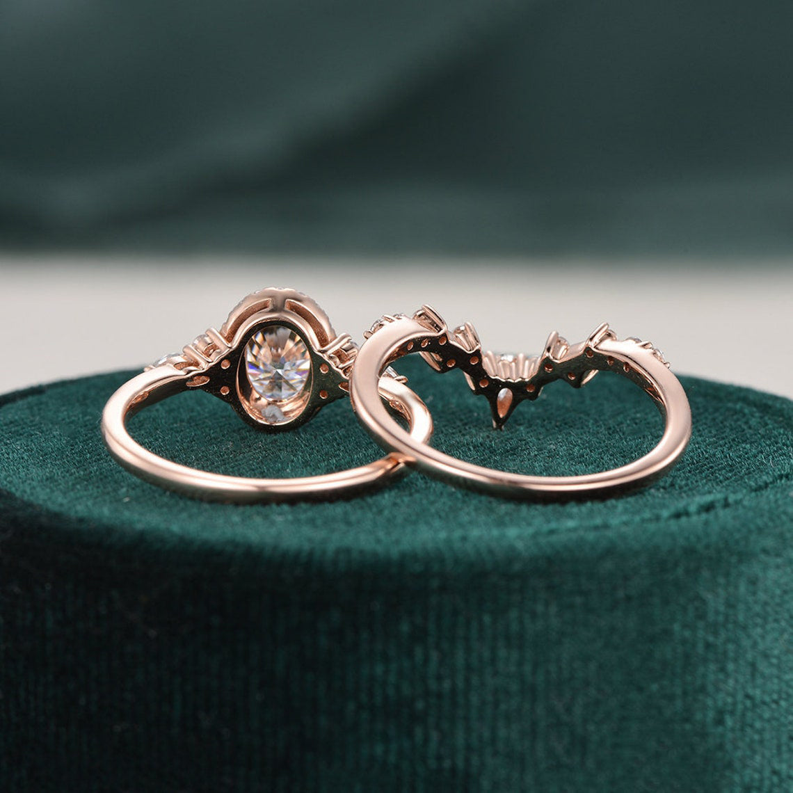 2.0 CT Oval Cut Cluster Halo Moissanite Bridal Ring Set 4