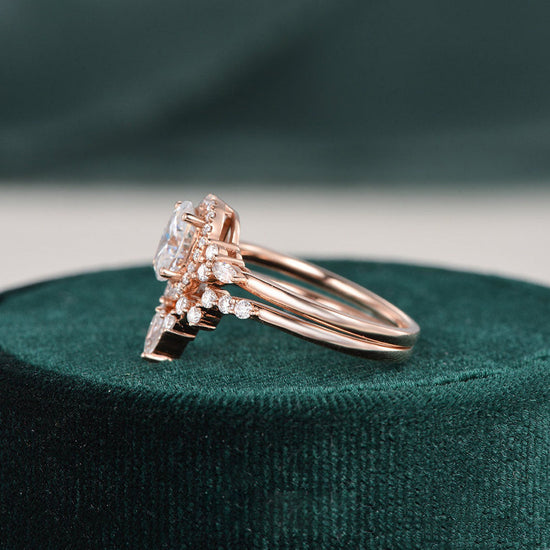 2.0 CT Oval Cut Cluster Halo Moissanite Bridal Ring Set 2