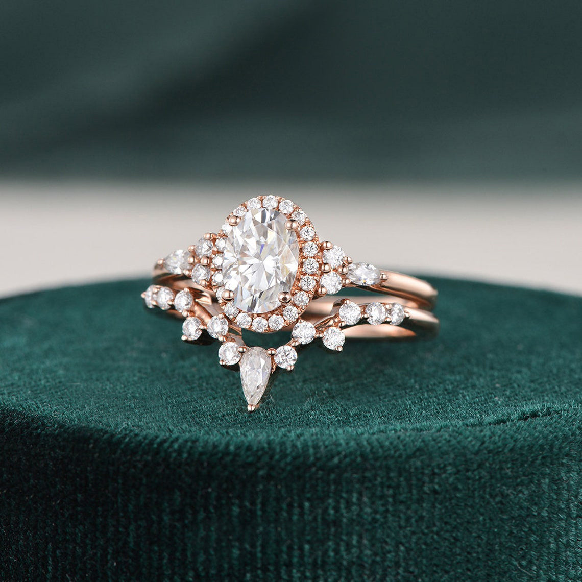 2.0 CT Oval Cut Cluster Halo Moissanite Bridal Ring Set 1