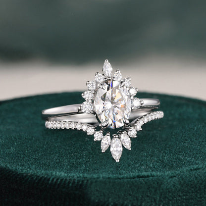 1.50 CT Oval Cut Cluster Art Deco Moissanite Bridal Ring Set 4