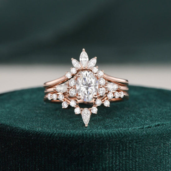 1.0 CT Oval Cut Cluster Halo Moissanite Bridal Ring Set 1