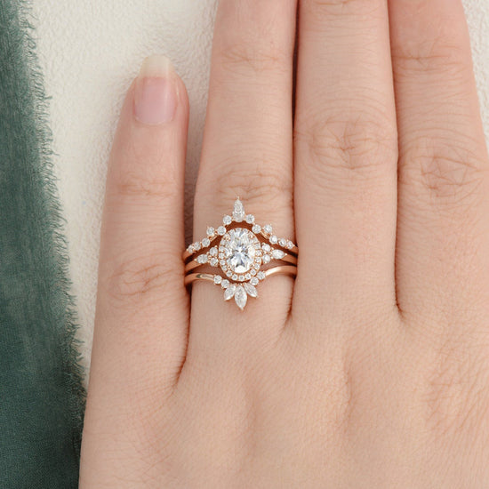 1.0 CT Oval Cut Cluster Halo Moissanite Bridal Ring Set 2