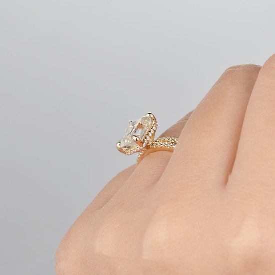 1.50 CT Emerald Cut Hidden Halo Moissanite Bridal Ring Set 3