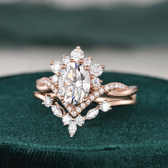 1.50 CT Oval Cut Twisted Art Deco Moissanite Bridal Ring Set 5