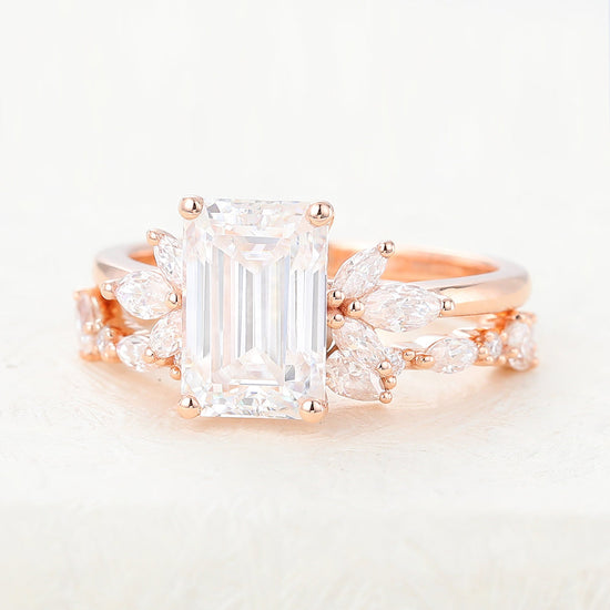 1.89 CT Emerald Moissanite Cluster Bridal Ring Set 6