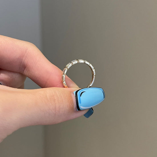 0.90 TCW Emerald Shaped Moissanite Bezel Half Eternity Wedding Band 4