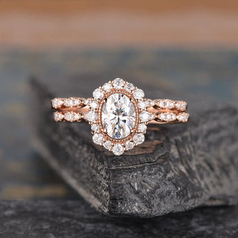 1.50 CT Oval Cut Halo Moissanite Bridal Ring Set 1