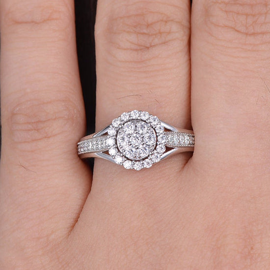 1.0 CT Round Cut Halo Pave Moissanite Engagement Ring 2